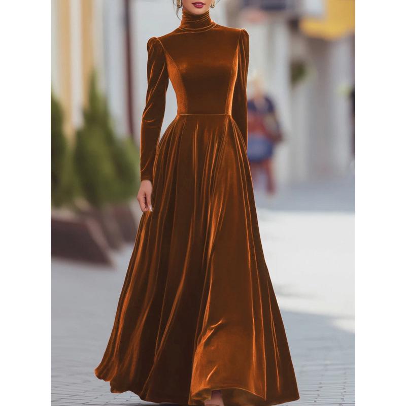 Elegantes Herbst/Winter Damen Gold Samt Hoher Kragen Ballonärmel Taillenbetonendes Langes Kleid