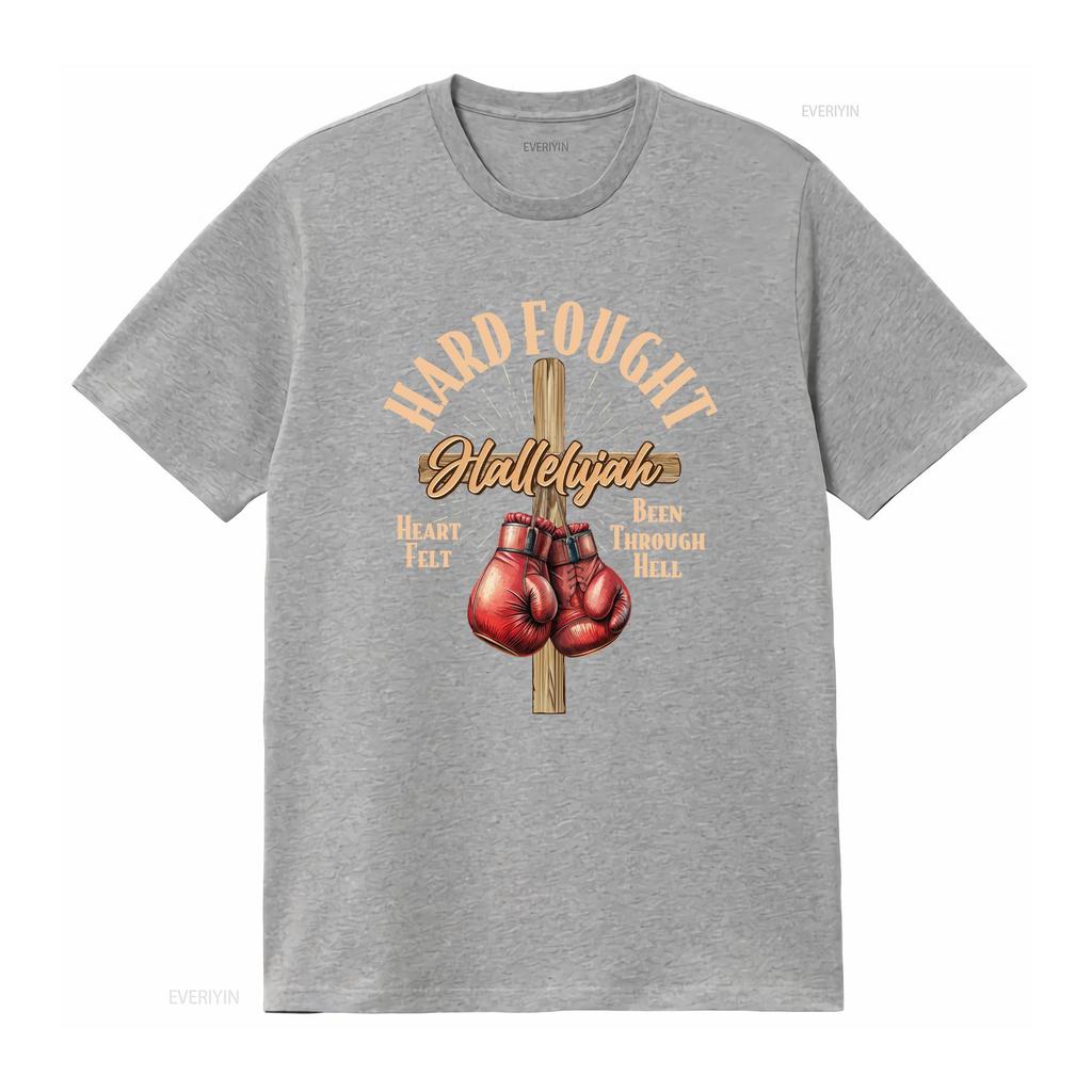Vintage Christian Hard Fought Hallelujah Cross Boxing Gloves Print Casual T Shirt Vintage Washed Homme Comfortable Soft