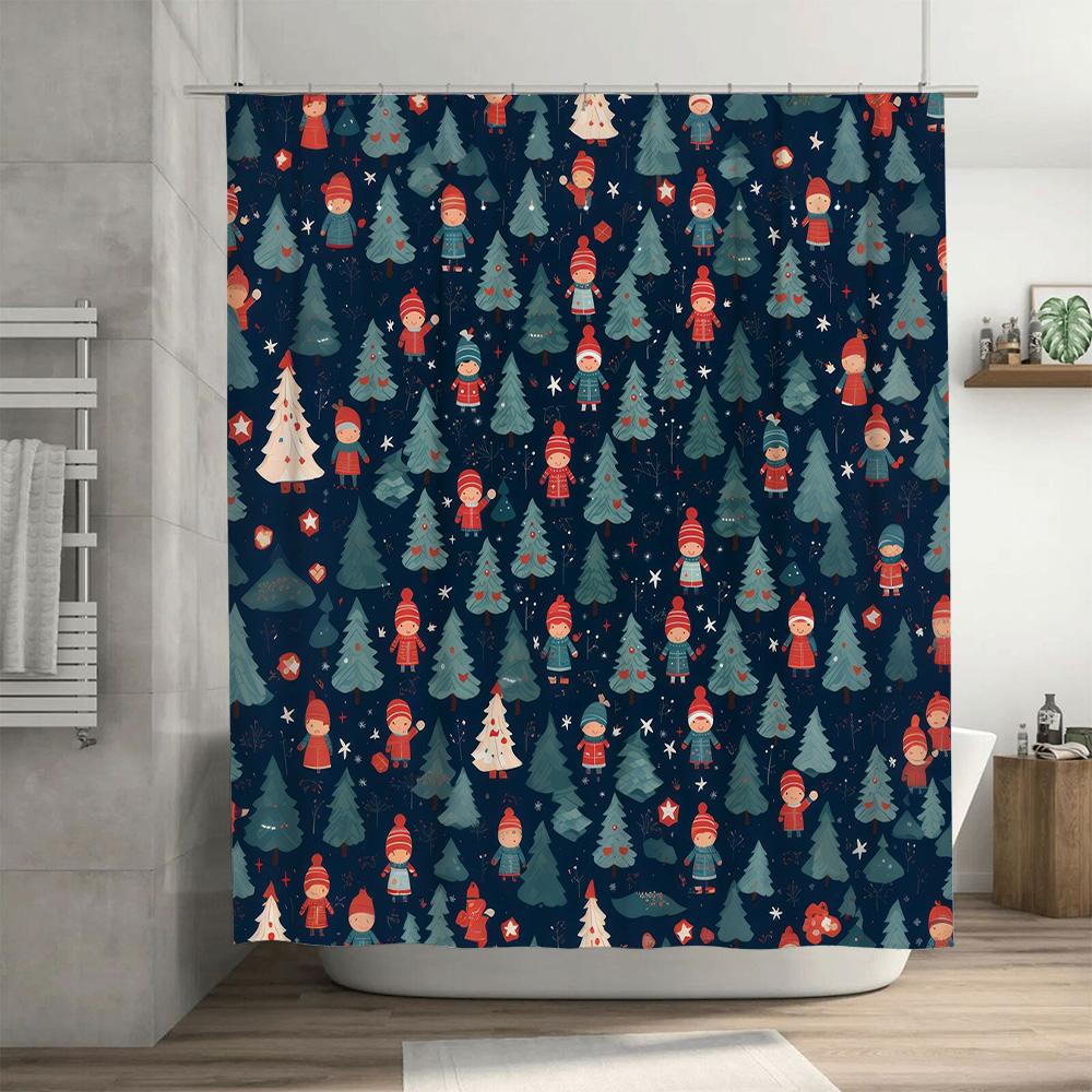 Blue Christmas Tree Santa Claus Shower Curtain Waterproof Bath Mat Decorative Home Decoration Bathroom