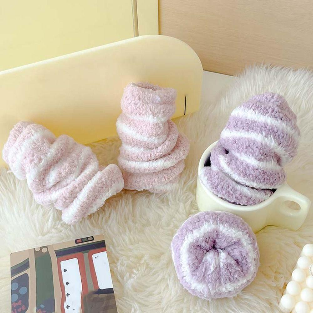 6Pairs Plush Coral Fleece Socks Stripe Sleeping Socks Fashion Thicken Velvet Socks  Fall/Winter