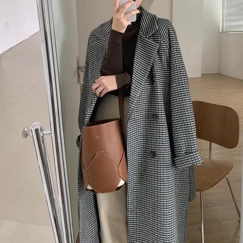 Loose Plaid Woolen Coat for Women Fashion Lapel Slim Women's Jackets Korean Women's Autumn Coat