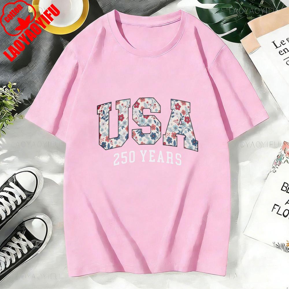 T Shirt Women Cotton Short Sleeve O Neck Casual Fashion Usa 250 Years Floral Print Top For Her Summer Holiday Gift