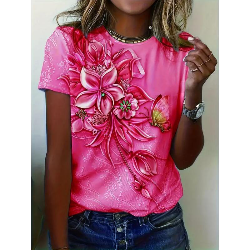 Summer Round Neck Solid Color Short Sleeved Top 3D Flower Pattern Printed Women's T-shirts