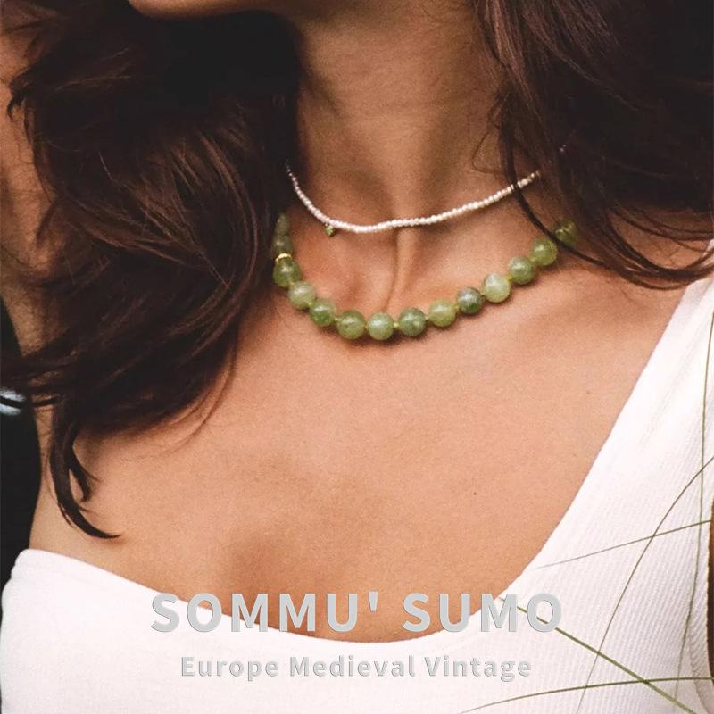 Natural green agate beaded necklace accessories women's high-end niche clavicle chain new Chinese choker