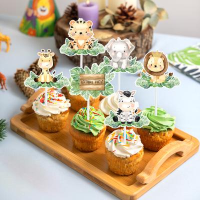 Jungle Animal Cupcake Cake Toppers Happy Birthday Party Decor Kids Baby Shower Decor Wild One Safari Birthday Party Suppiles