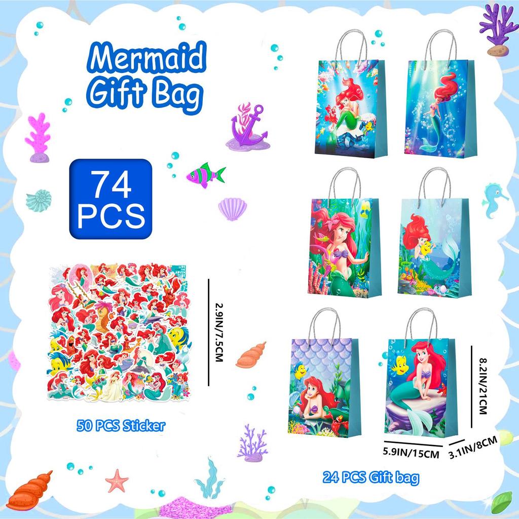 Mermaid Party Favor Bag,Mermaid Party Bag-24pcs Mermaid Gift Bag, Mermaid Candy Bag&50pcs Mermaid Stickers for Kids Mermaid Party Decorations Supplies