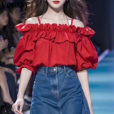 Women Summer Ruffle Off-Shoulder Bubble Short Sleeve Blouses