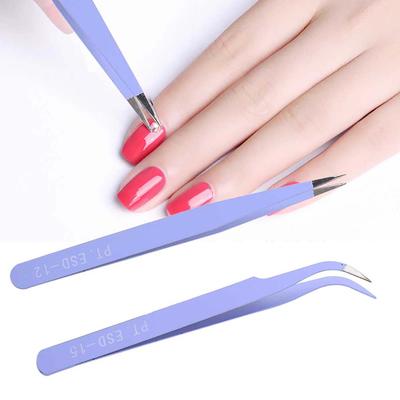 2Pcs Stainless Steel Nail Art Tweezers Anti Static Straight Curved Manicure Tweezers Purple