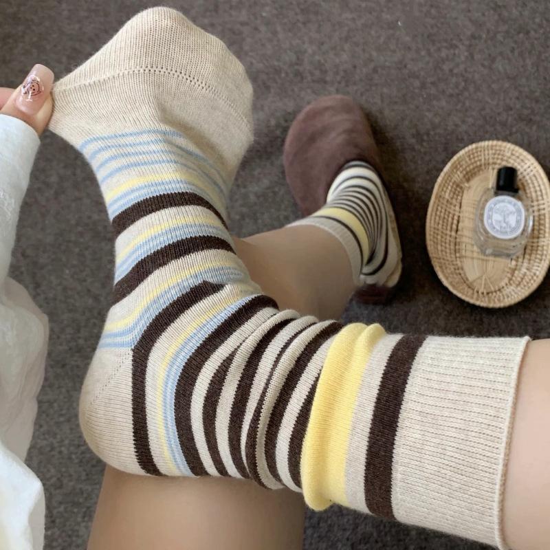 Women's Autumn and Winter Trend Personality Retro Collision Color Stripe Pure Cotton Tube Stack Socks