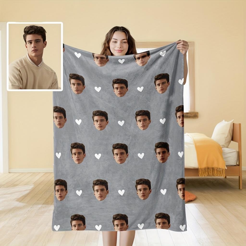 1pc Personalised Pet Flannel Blanket, Custom Photo Dog Blankets With Face Print, Warm Soft Dog Sleeping Mat Birthday Gifts, Grey