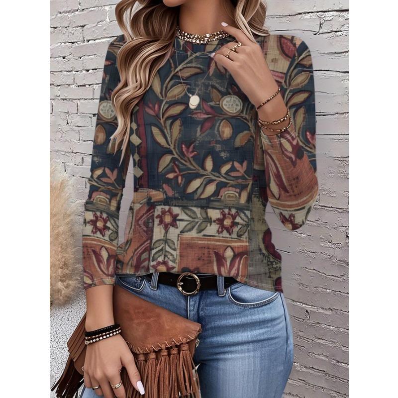 2026 New Women's Fashionable Long-Sleeved T-Shirt with Retro Floral Pattern, Perfect for Everyday Wear and Stylish Outfits