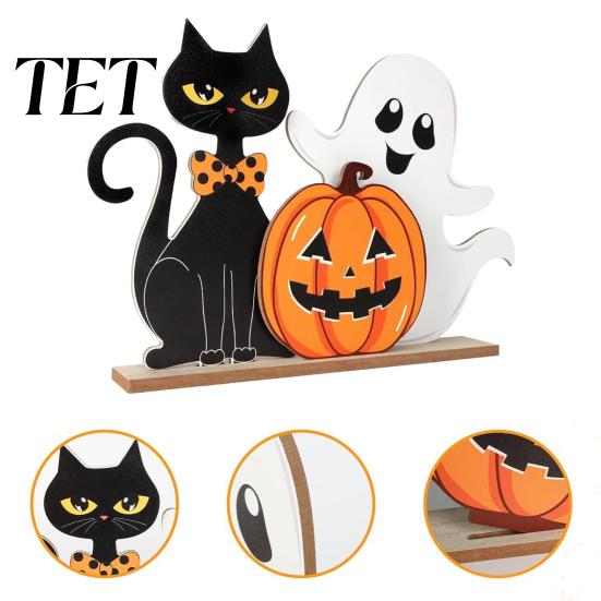 Wooden Tiered Tray Decor Halloween Table Decor, Black Cat Ghost Pumpkin Decorations Indoor Cute Dark Theme Party Ornaments Gifts, Room for Tables