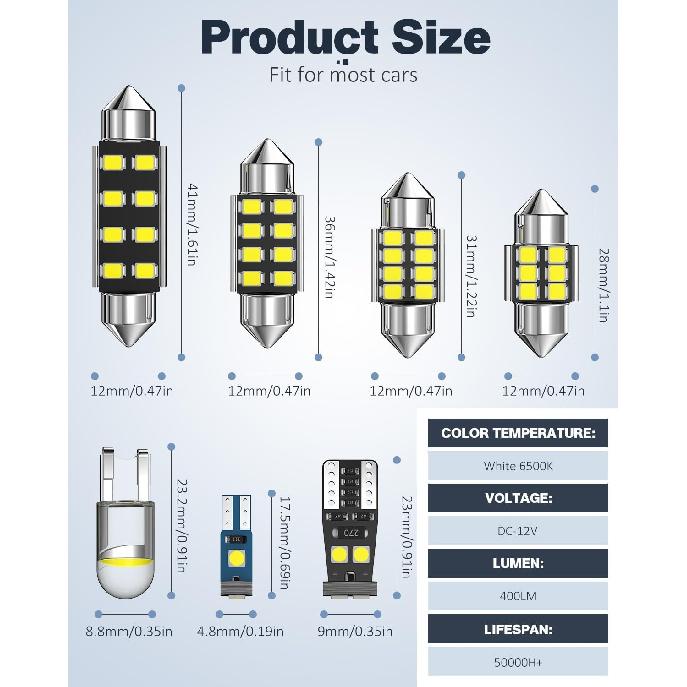 42 PCS Upgraded LED Interior Car Lights Kit, Super Bright Dome Map And Door Light Bulbs, Fits 194 De3175 578 6418 T5 LED Blubs, Universal For Cars