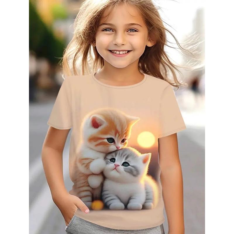 Flickkläder Kawaii Kattmönster Tryck Sommar Kortärmade Toppar Casual Mode T-shirt Utomhus Lättvikt Barnkläder