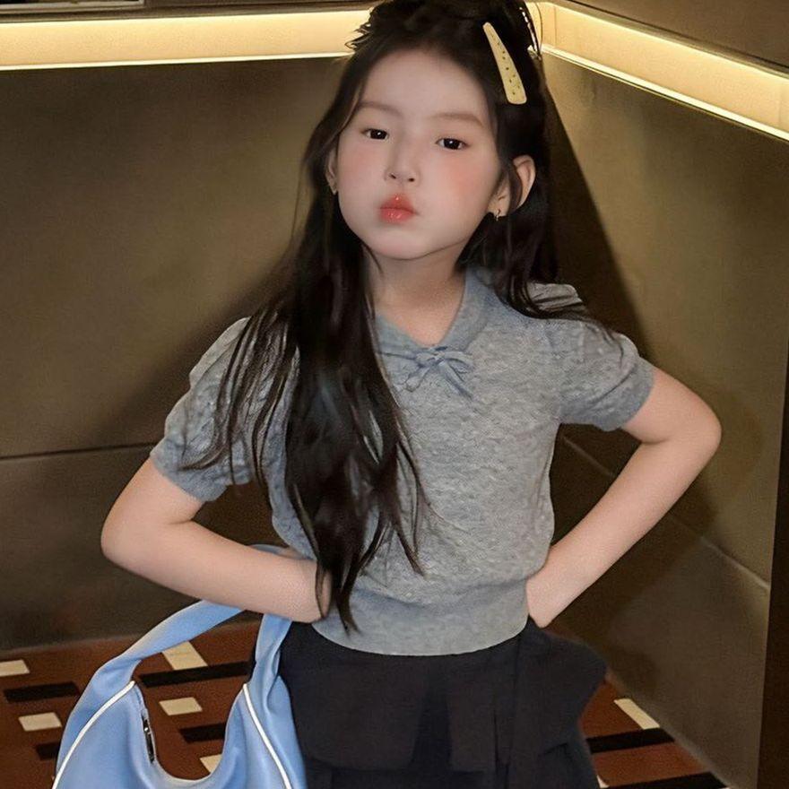 Girls Summer Sweet Bow Hollow Knit Polo Short Sleeve T Shirt