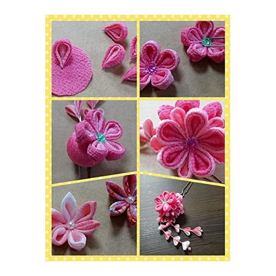 Kanzashi Craft Kit - Pink Double Flower with Wisteria Tassel - Tsumami Zaiku (Maru Tsumami & Ken Tsumami Techniques) - Luxurious Black Plated