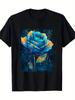 Blue and Gold Rose Graphic Tee Men Cotton Short Sleeve Crew Neck T-Shirt Artistic Print Casual Daily Wear