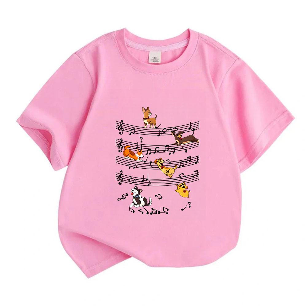 Kids Boys Girls 100% Cotton Crew Neck Short Sleeve T-Shirt Cute Puppies Music Note Pattern Casual Breathable Soft Summer Tee for Music Dog Lovers Chil