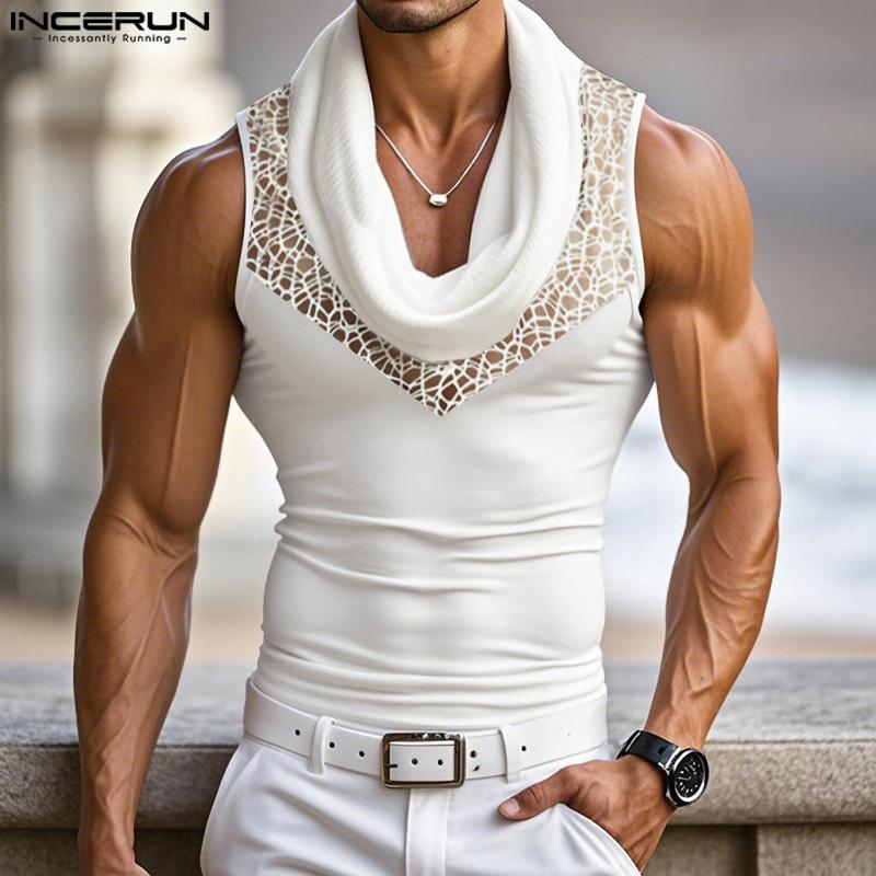 

INCERUN Summer Men Swing Collar Sleeveless Hollow Patchwork Semi-Sheer Tank Tops M
