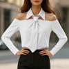 Dammode Enfärgad Kragknyt Långärmad Off Shoulder Casual Skjorta Topp