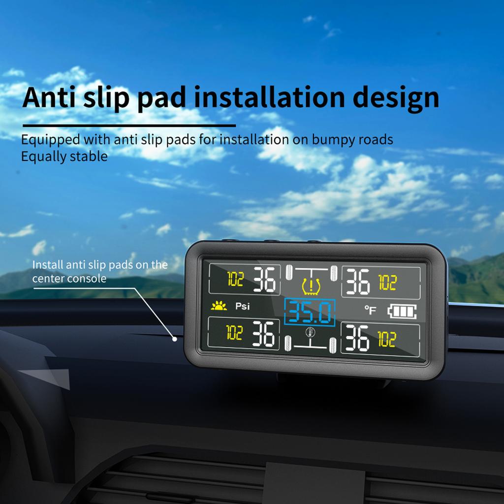 Tire Pressure Monitor with 4 External Sensors LCD Display Solar and Type-C Charging Temperature for Car SUV Off-Road Vehicle