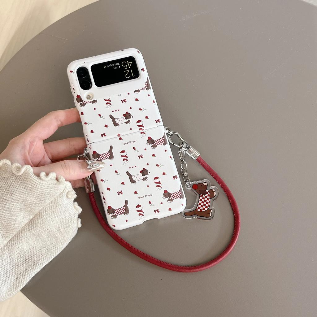 Cute Cartoon Dog Case For Samsung Galaxy Z Flip 6 5 4 3 5G Flip6 Flip5 Hinge Protection Lovely Pendant Leather Hand Strap Cover