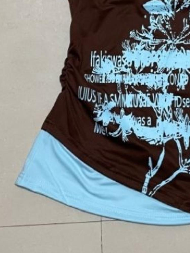 Yazlık Sahte İki Parça Halter Bandaj Vintage Tişörtler Y2k Estetik Slim Crop Toplar Kadın Grunge Baskılı Harajuku Günlük Seksi Tişörtler