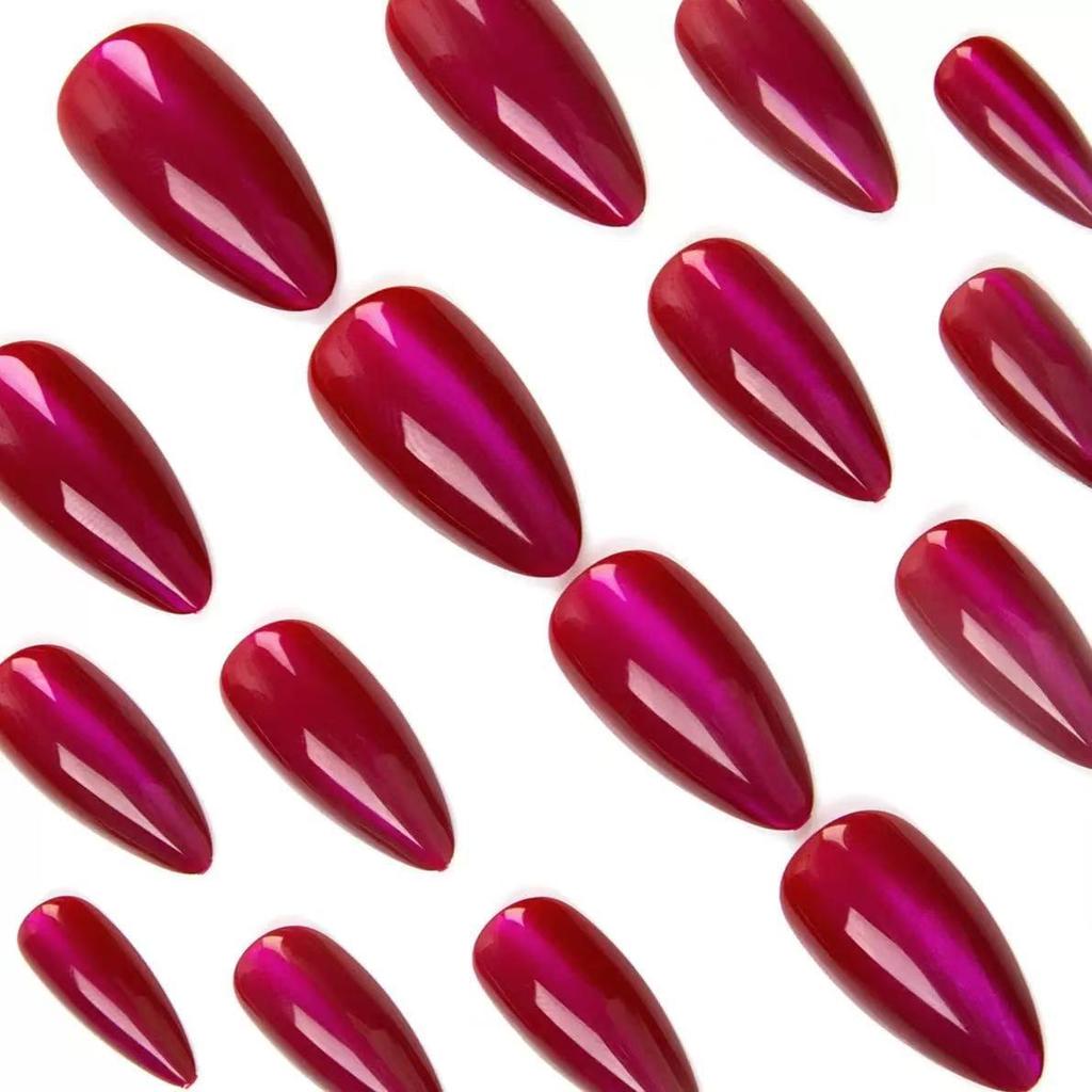 Pitaya Color Rose Red Shiny Cat Eye Manicure Almond Fake Nails
