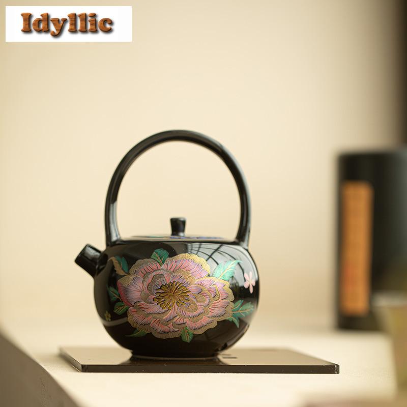 230ml Cloisonné Black Glaze Lifting Handle Teapot Japanese Tea Infuser Pot Tea Brewing Kettle With Strainer Drinkware Ornaments