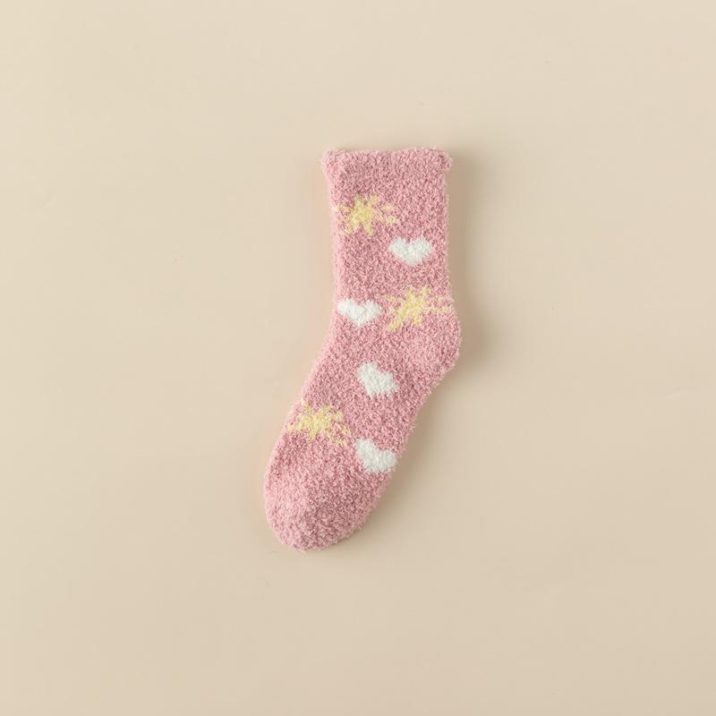 Cute Coral Fleece Socks Female Stars Cartoon Half Fleece Thickened Warm Home Floor Socks Medium Tube Confinement Women'S Socks