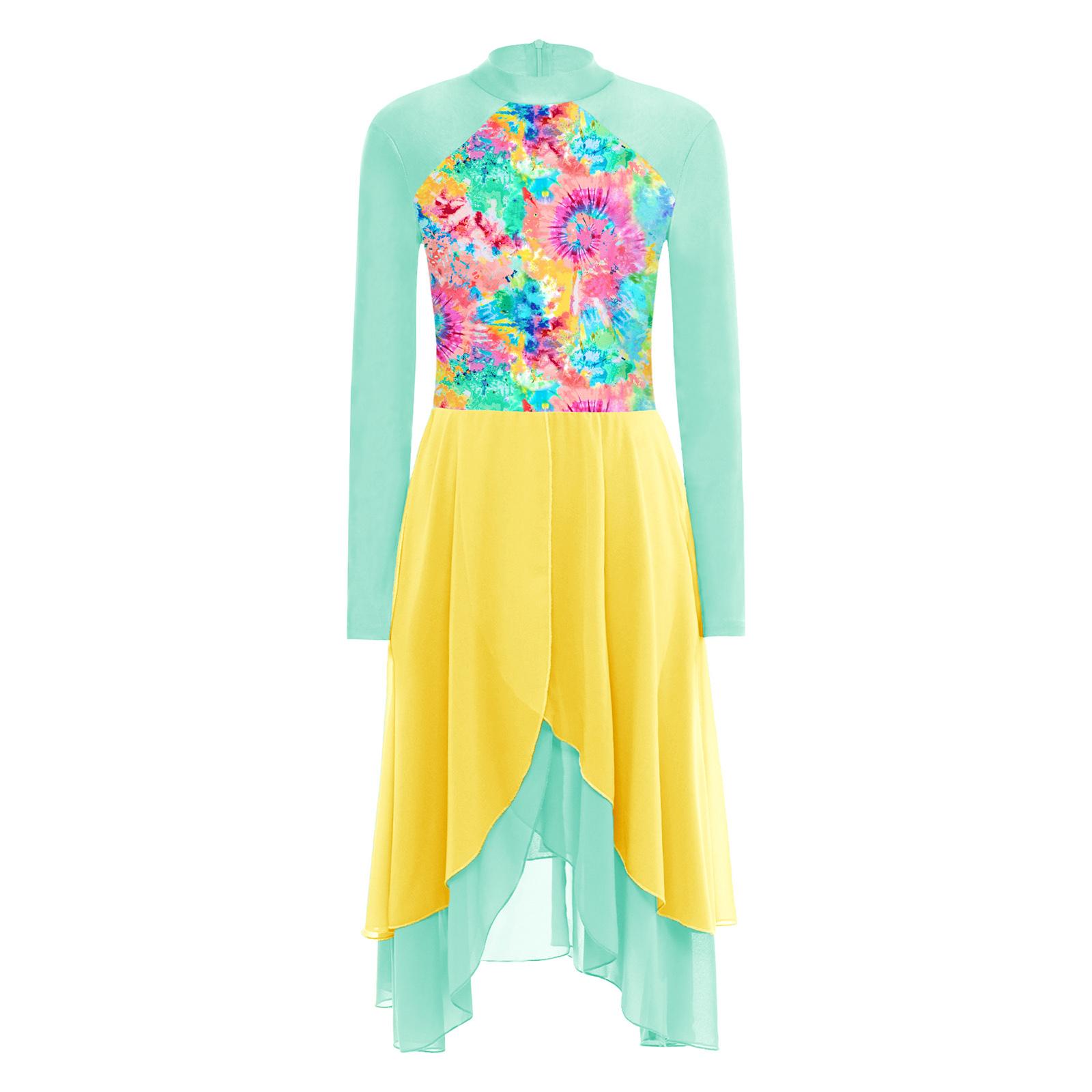

Womens Worship Pray Dress Chest Printed Long Sleeve Irregular Tiered Chiffon Dancewear S жовтий