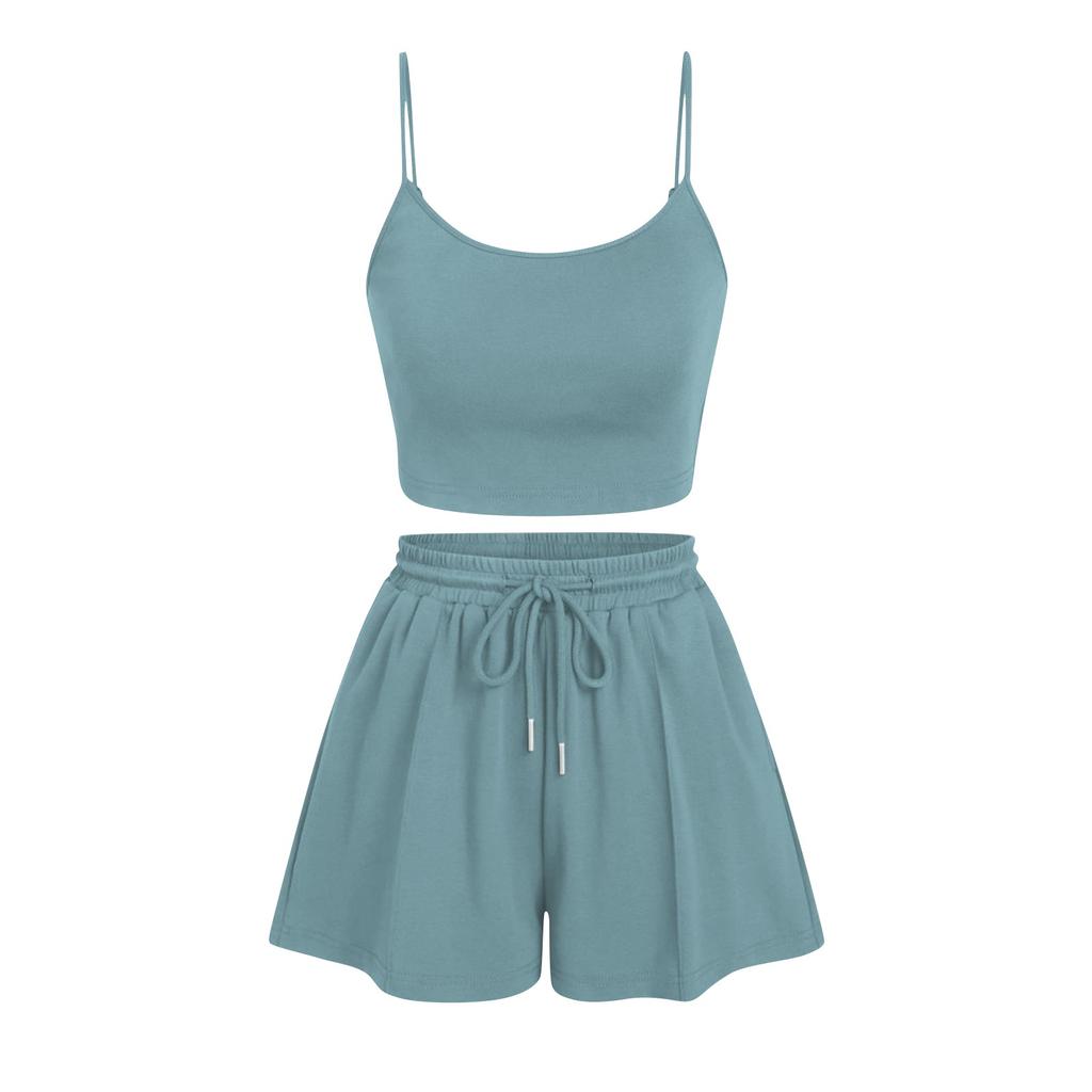 Zweiteilige Outfits-Sets für Damen, U-Ausschnitt, kurzes Cami-Top, Kordelzug, Shorts mit weitem Bein