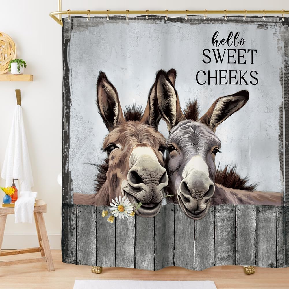 Donkey Funny Farmhouse Rustic Shower Curtain Set Sweet Cheeks Country Rural Animal Western Polyester Waterproof Cloth