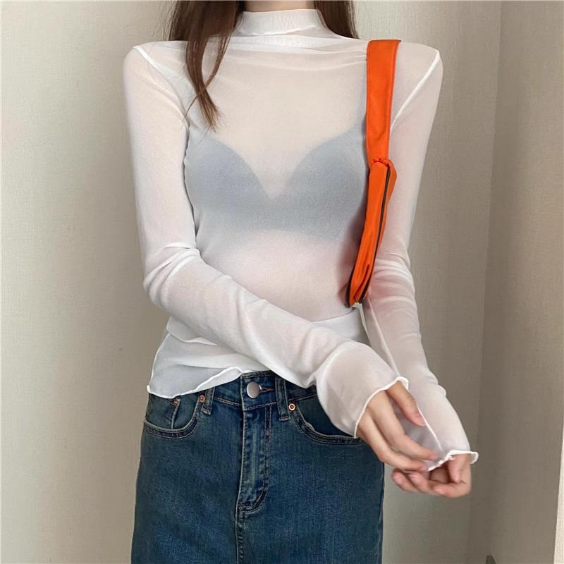 2023 Trendy Women's High Neck Black Mesh Lace Top - Stylish Korean Inner Layer