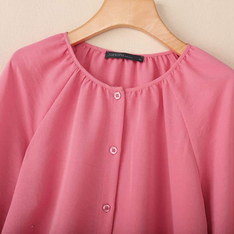 ZANZEA Women Casual Round Neck Solid Color Long Sleeve Loose Blouse
