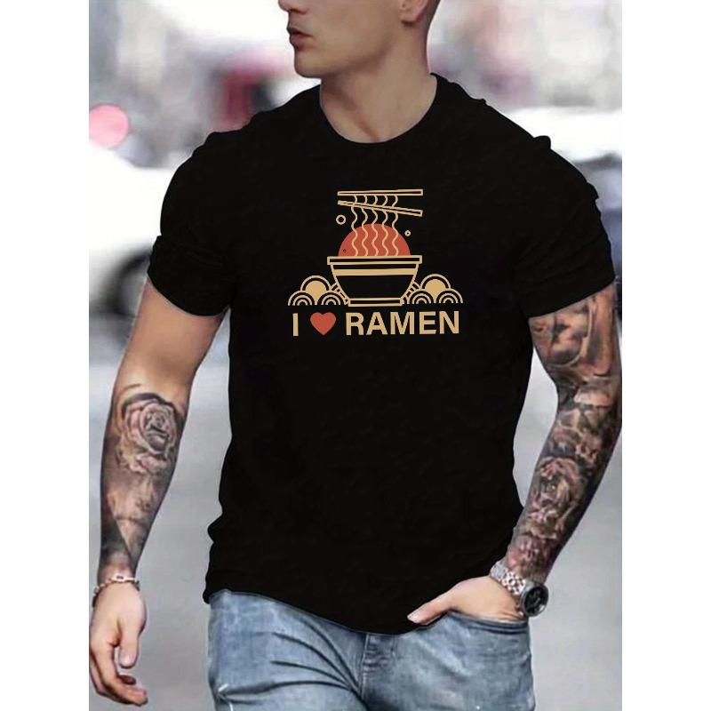 

I Love RAMAN, Men s Crew Neck Short Sleeve T-shirt, Trendy Creative Pattern, Casual Comfy Lightweight Tee Top For Summer Outfits 4XL чорний