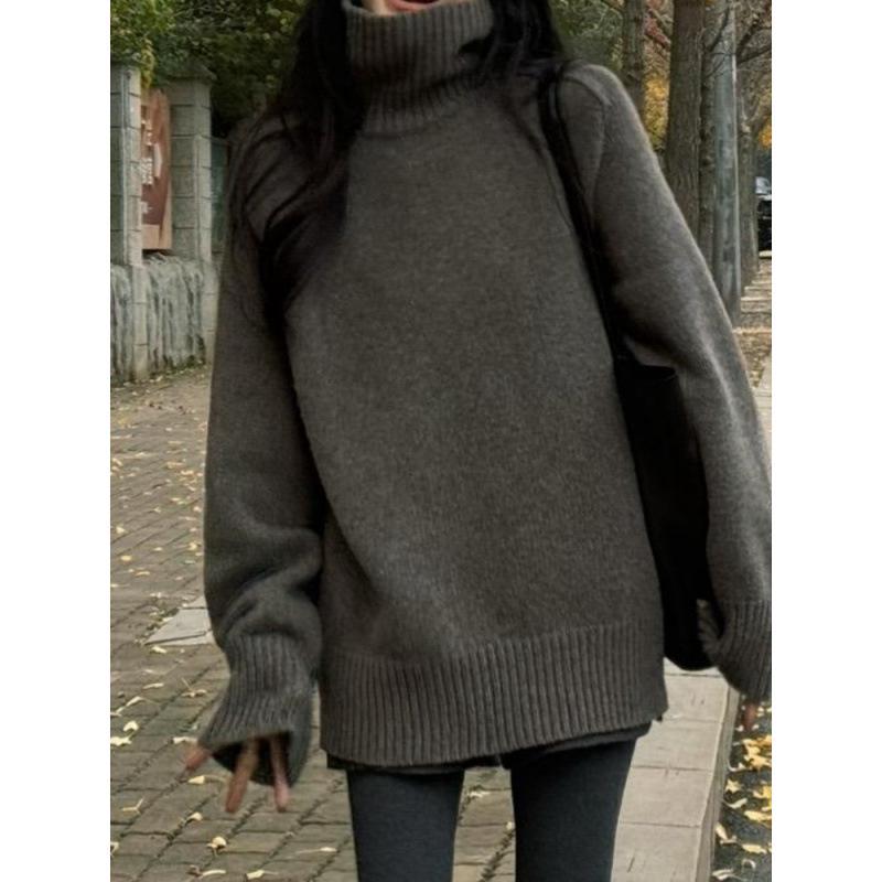Women's Pure Wool High Neck Sweater, Loose Fit Plus Size, Mid-Length for Autumn/Winter, Covers Buttocks, Cashmere Knitwear