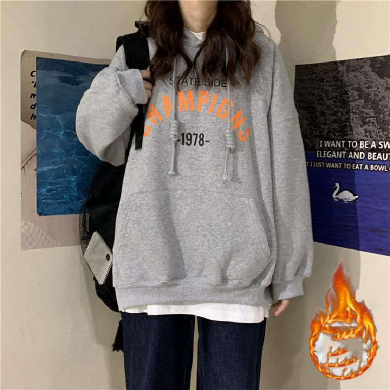 Thin and Thick Optional Hooded Sweater Women Loose Ladies Student Tops Fashion Retro Versatile Sweatshirt