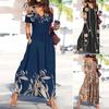 Women Summer Dress Flower Print Hollow Out Short Sleeves V Neck Big Hem Dress-up Pleated Off Shoulder Soft Maxi Dress Women Clothes