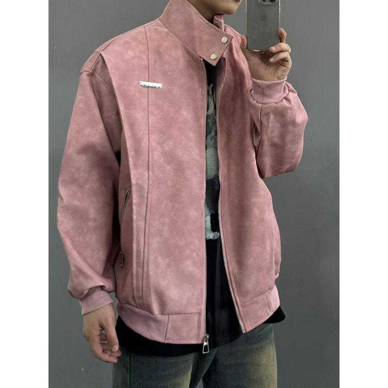 Pink Lapel Leather Jacket for Men and Women, Heavy Deconstructed Design Motorcycle Jacket, Handsome and High-end Baseball Uniform