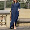 Elegant Women's Long Sleeve Denim Dress - Neutral Style Button-Down Maxi Dress with Lapel Collar and Pockets, Stylish Solid Color Long Dress for Casua