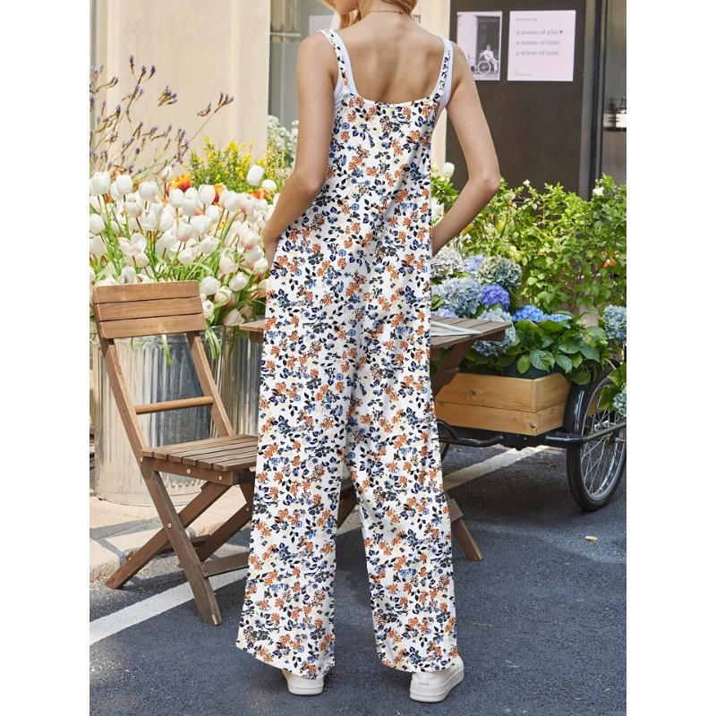 Women Adjustable Strap Floral Printed Casual Loose High Waist Summer Jumpsuit
