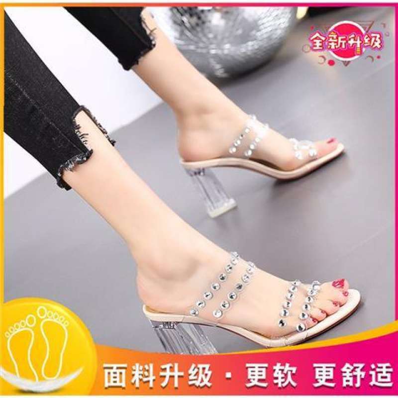 Fashion slippers 2025 new women's sandals thick heel waterproof table high heels rivets transparent heel versatile women's shoes
