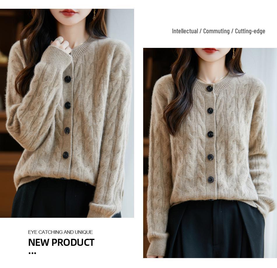 New Thickened 100% Wool Cable Knit Cardigan - Round Neck, Versatile Outerwear for Autumn & Winter