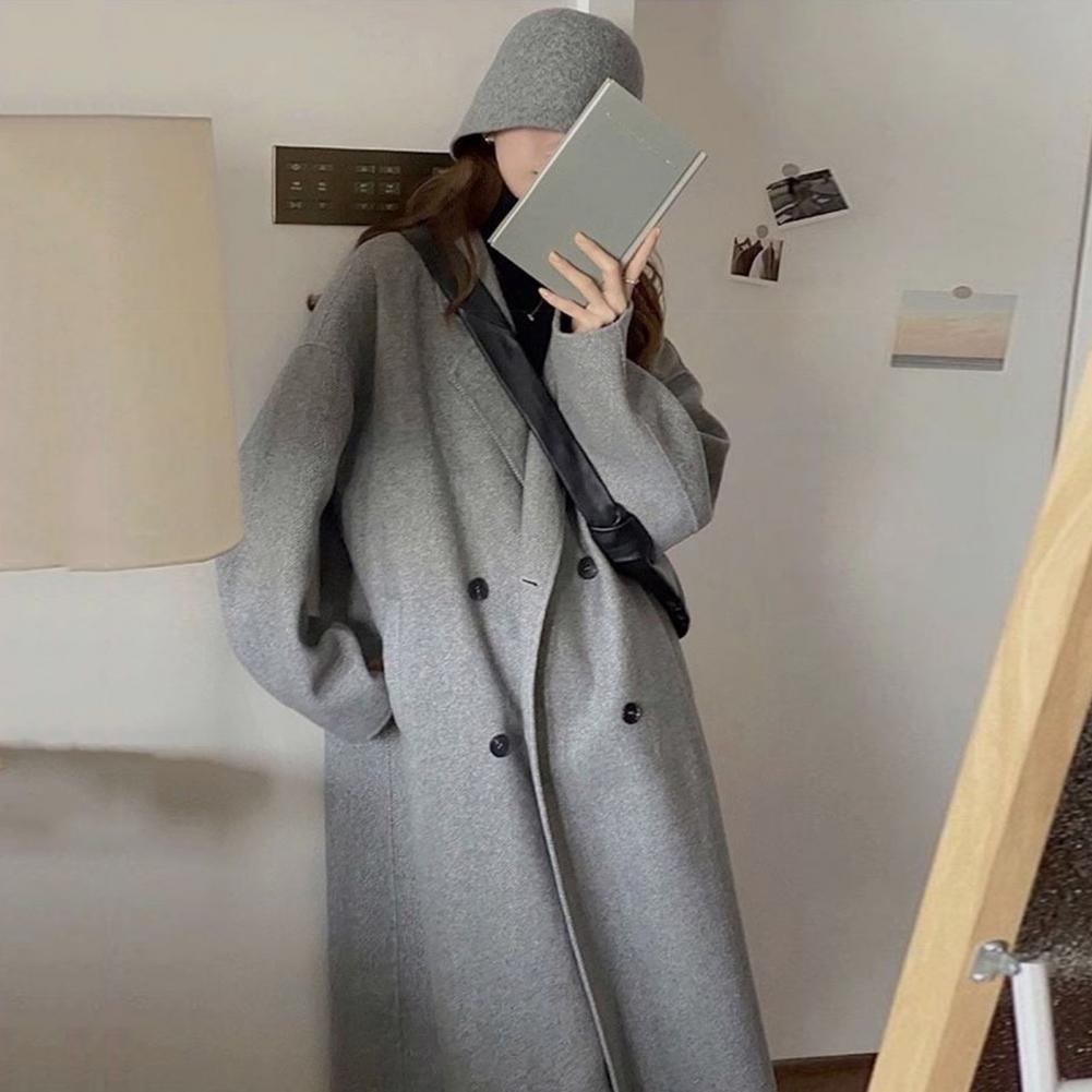 Women Winter Overcoat Double-breasted Turn-down Collar Long Sleeves Buttons Loose Cardigan Mid Length Outdoor Woolen Coat
