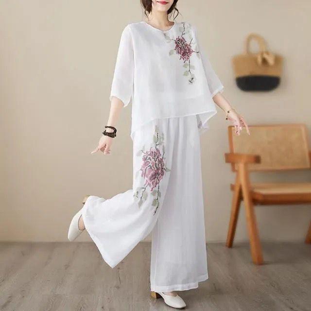 Completo Due Pezzi Estivo Floreale Ricamato in Cotone e Lino Taglie Forti da Donna - Maglia a Pullover e Pantaloni Leggeri