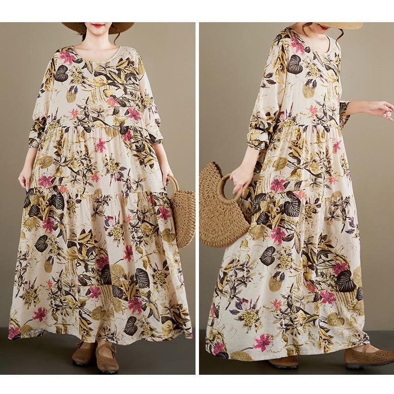 DIMANAF New 2026 Women Plus Size Spring Summer Beach Long Dress Loose Oversize Maxi Floral Print Lady Fashion