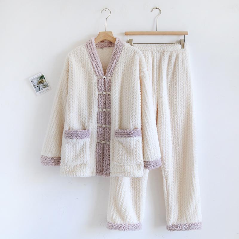New Autumn Winter Women's 2PCS Pajamas Suit Flannel V-Neck Thickened Warm Long Sleeved Cardigan Sleepwear Loose Homewear