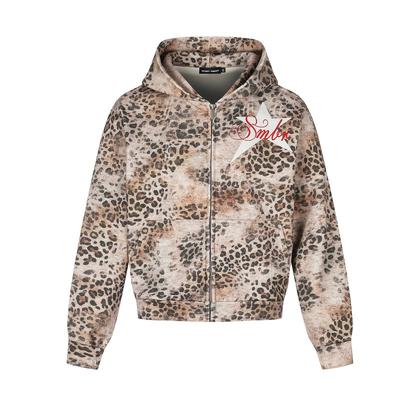 American Retro Leopard Print Zip Hoodie Short Loose Fit Couple Streetwear