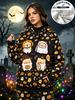 Women Halloween Fleece Hoodie Cute Cartoon Dog Pumpkin Ghost Print Long Sleeve Pullover Hooded Sweatshirt Casual Warm Top
